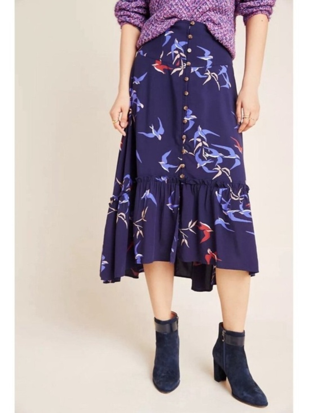 Anthropologie Maeve Size 4 Women's Merida Bird Print Midi Skirt Blue - Picture 3 of 11
